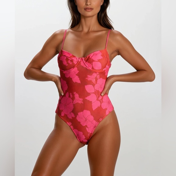 acacia swimwear Other - Acacia Swimwear Suki Full Piece Ahunui Pink and Red Floral Swimsuit Medium NWT